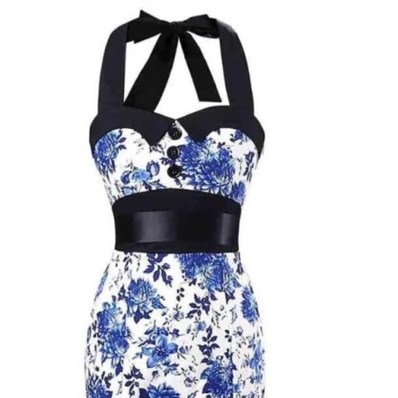 Women's 1950s Pencil Vintage Cocktail Dress Halter Retro vintage floral Blue - Picture 4 of 4